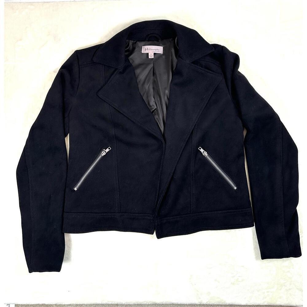 Sz S Women’s Philosophy Faux Leather Cropped Moto Jacket Black Zip Pockets